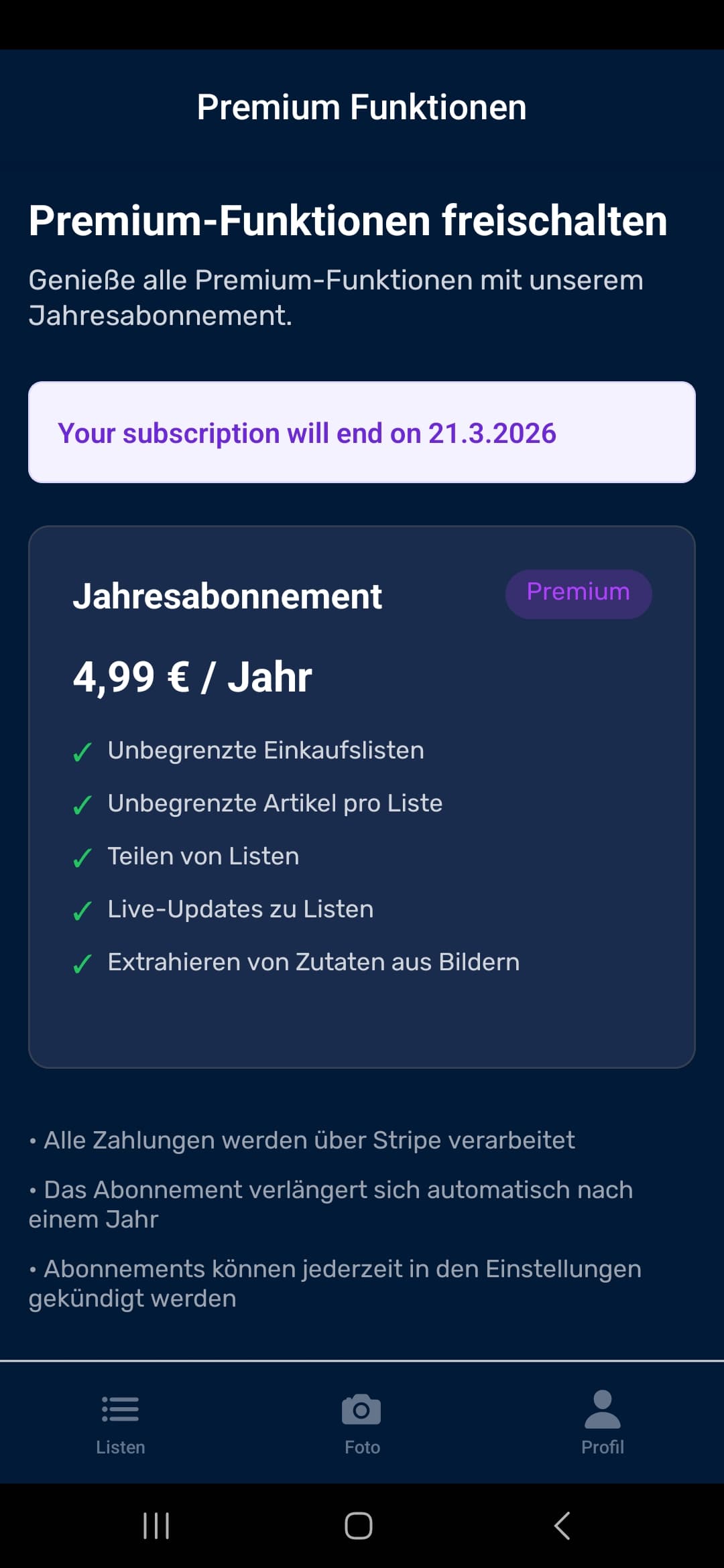 Screenshot: Premium Funktionen